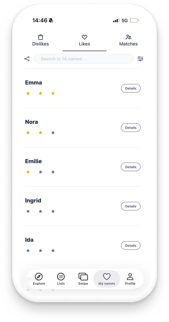 Screenshot of the app with the list of names you liked