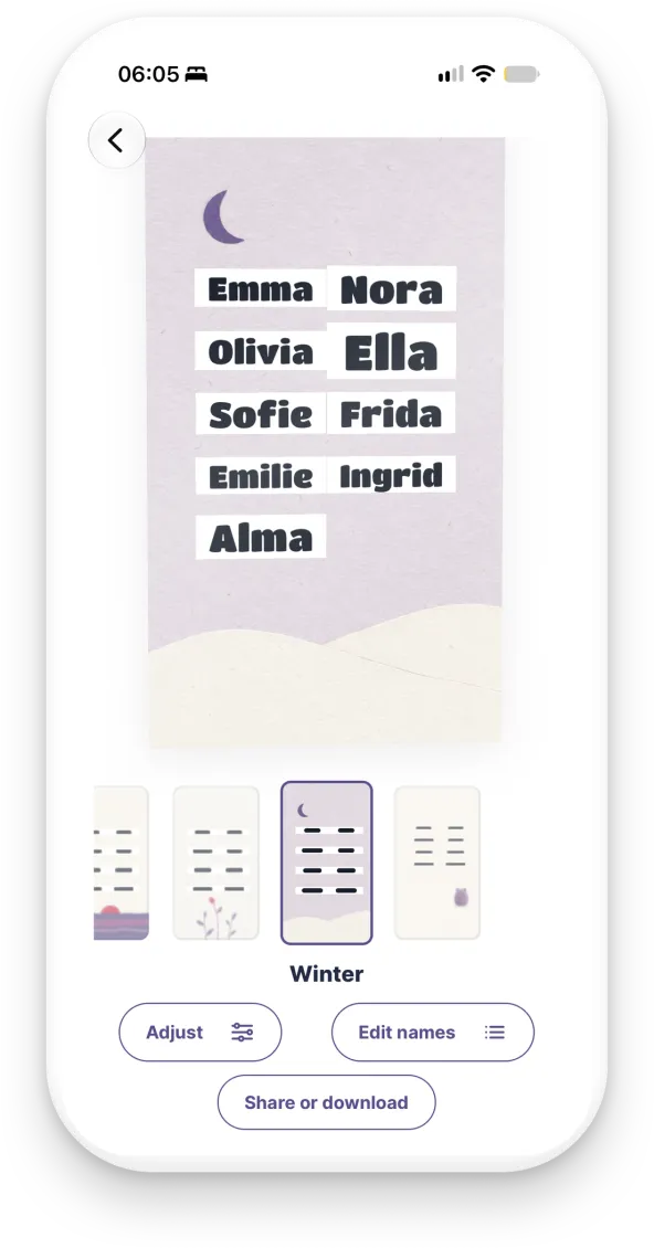 Screenshot of the app showing a poster with your favourite names